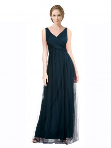 Compra Azul 7 línea A Cuello en V Tul Largo Vestidos de dama de honor