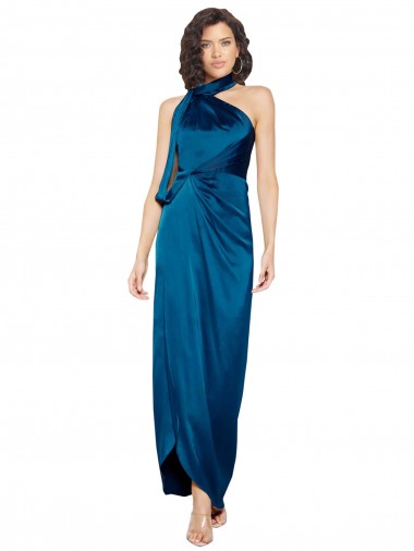 Compra Azul Verde pavo real Cubierta Halter Cuello Alto Satén sedoso Largo Formales Vestidos de dama de honor / Vestidos de fiesta