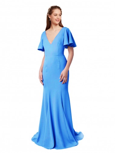Compra Azul Verde pavo real Sirena Cuello en V Barrer tren Crepé Elástico Largo Vestidos de dama de honor / Vestidos de fiesta