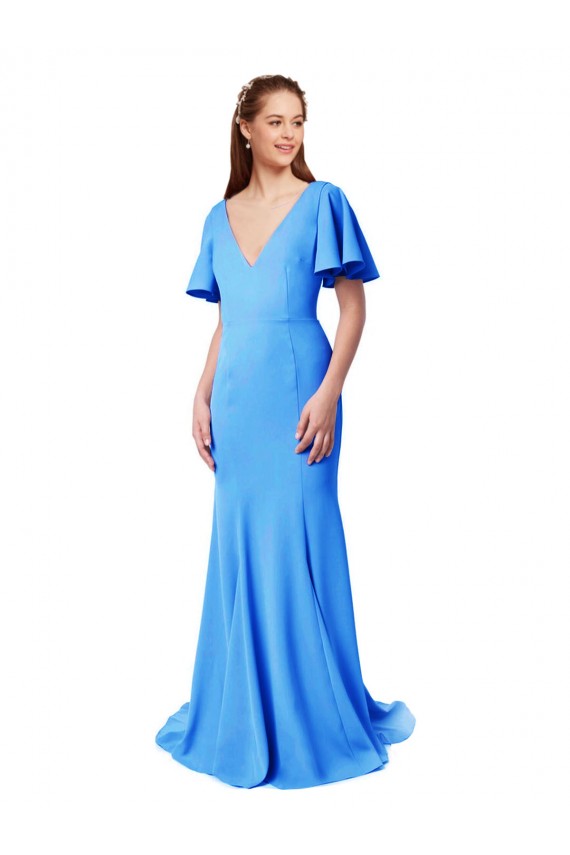 Compra Azul Verde pavo real Sirena Cuello en V Barrer tren Crepé Elástico Largo Vestidos de dama de honor / Vestidos de fiesta