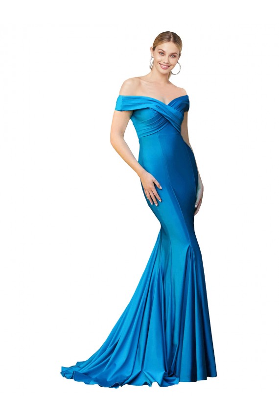 Compra Azul Verde pavo real Sirena Hombros Descubiertos Satén Largo Formales Vestidos de dama de honor / Vestidos de fiesta