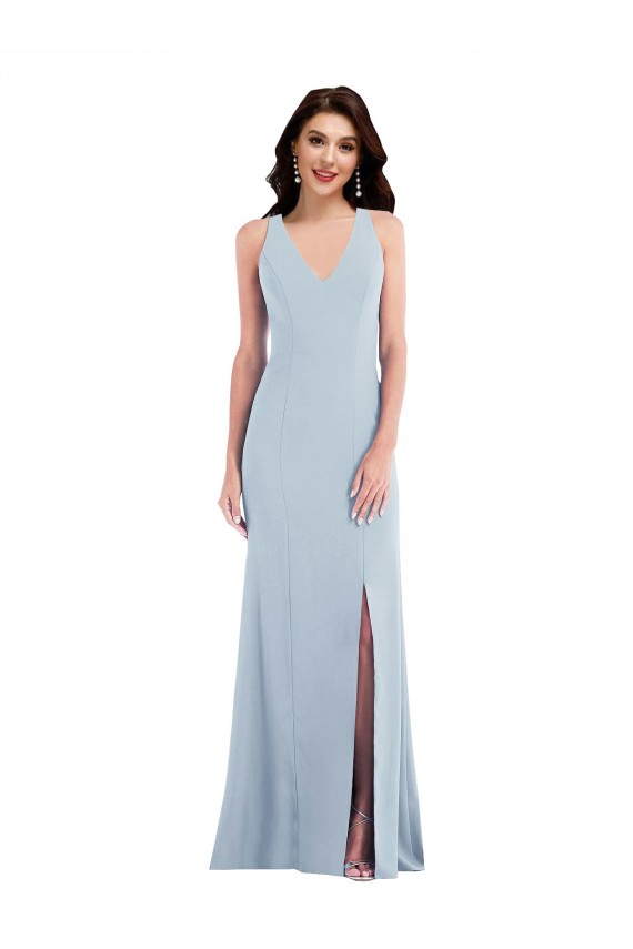 Compra Azul cielo claro Trompeta Cuello en V Crepé Elástico Largo Vestidos de dama de honor / Vestidos de fiesta