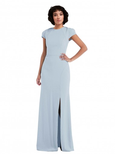 Compra Azul cielo claro Trompeta Cuello joya Crepé Elástico Largo Vestidos de dama de honor