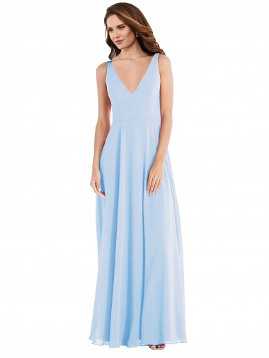 Compra Azul cielo claro línea A Cuello en V Gasa Largo Vestidos de dama de honor