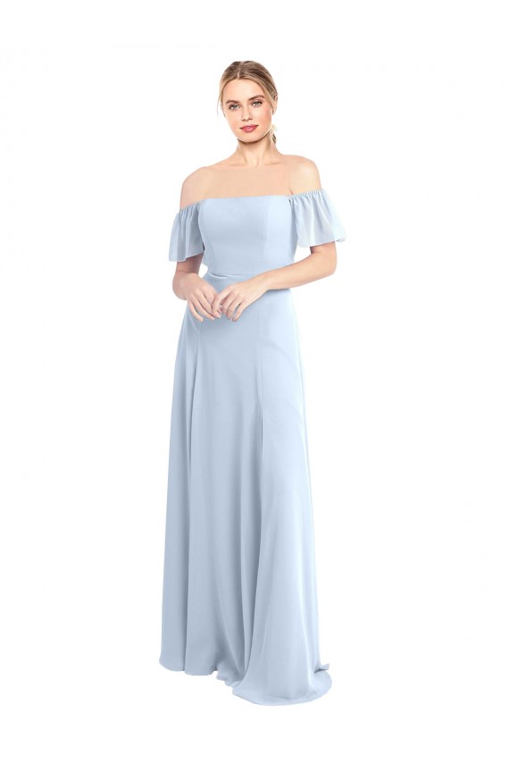 Compra Azul cielo claro línea A Hombros Descubiertos Cuadrado Gasa Largo Vestidos de dama de honor
