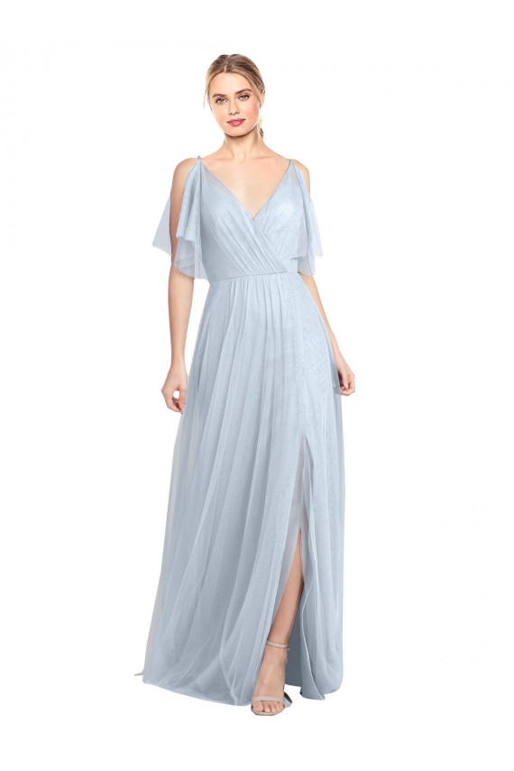 Compra Azul cielo claro línea A Tirantes espagueti Cuello en V Tul Largo Vestidos de dama de honor
