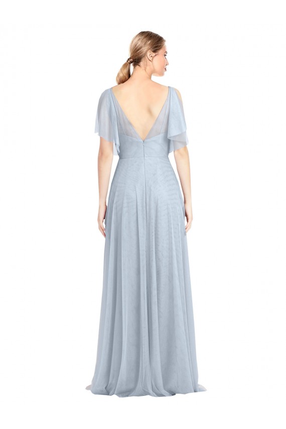 Compra Azul cielo claro línea A Tirantes espagueti Cuello en V Tul Largo Vestidos de dama de honor
