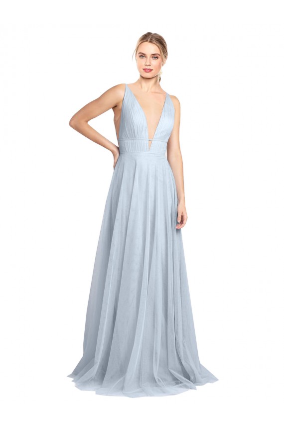Compra Azul cielo claro línea A Tirantes espagueti Cuello en V Tul Largo Vestidos de dama de honor