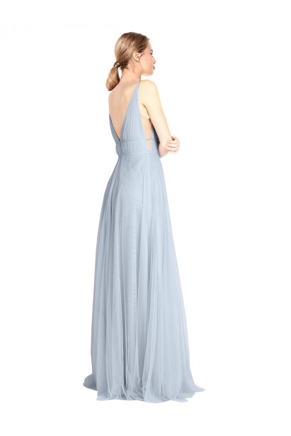 Compra Azul cielo claro línea A Tirantes espagueti Cuello en V Tul Largo Vestidos de dama de honor