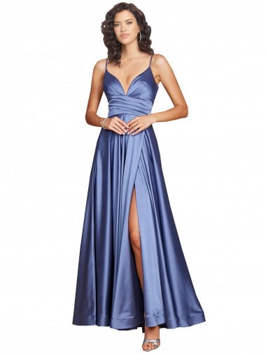 Compra Azul francés línea A Tirantes espagueti Satén sedoso Largo Formales Vestidos de dama de honor / Vestidos de fiesta