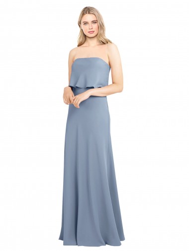Compra Azul humo Cubierta Cuello Alto Crepé Elástico Largo Formales Vestidos de dama de honor / Vestidos de fiesta