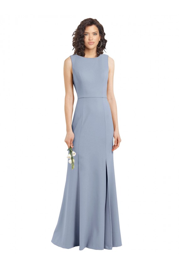 Compra Azul humo Cubierta Cuello Barco Cuello Alto Crepé Elástico Largo Vestidos de dama de honor