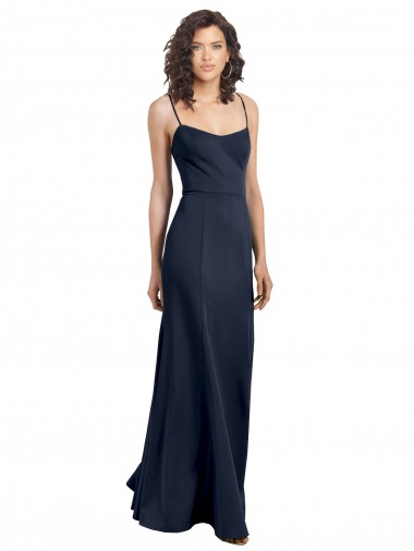 Compra Azul marina oscuro Cubierta Cuello Alto Tirantes espagueti Crepé Elástico Largo Formales Vestidos de dama de honor / Vestidos de fiesta