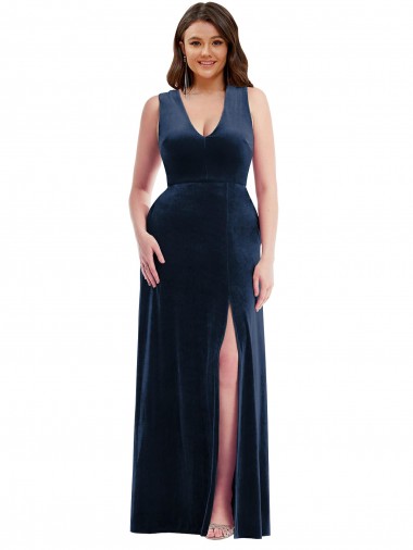 Compra Azul marina oscuro Cubierta Cuello en V Terciopelo Elástico Largo Formales Vestidos de dama de honor / Vestidos de fiesta