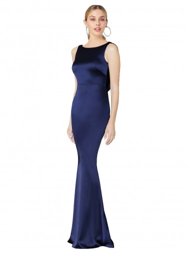Compra Azul marina oscuro Cubierta Halter Cuello Alto Satén elástico Largo Formales Vestidos de dama de honor / Vestidos de fiesta
