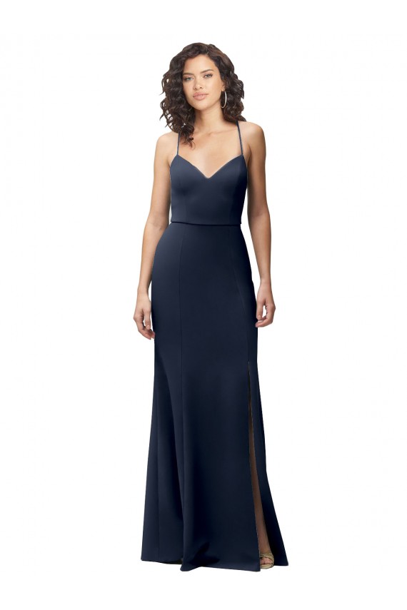 Compra Azul marina oscuro Cubierta Tirantes espagueti Crepé Elástico Largo Formales Vestidos de dama de honor / Vestidos de fiesta