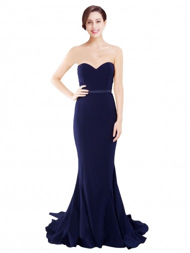 Compra Azul marina oscuro Sirena Cuello de Corazón Sin tirantes Barrer tren Crepé Elástico Largo Vestidos de dama de honor / Vestidos de fiesta