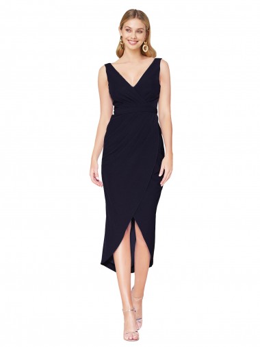 Compra Azul marina oscuro Sirena Cuello en V Cuello Alto Crepé Elástico Corto Asimétrico Formales Vestidos de dama de honor / Vestidos de fiesta / Vestidos de cóctel