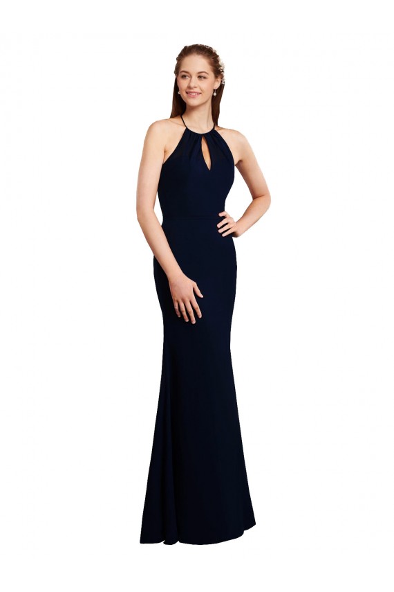 Compra Azul marina oscuro Sirena Halter Gasa Largo Vestidos de dama de honor