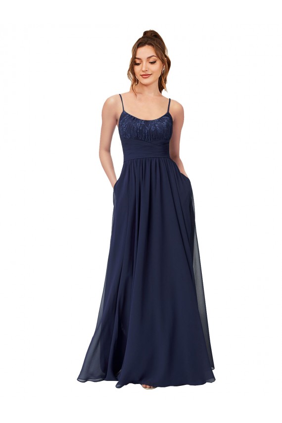 Compra Azul marina oscuro línea A Cucharón Gasa Encaje Largo Vestidos de dama de honor
