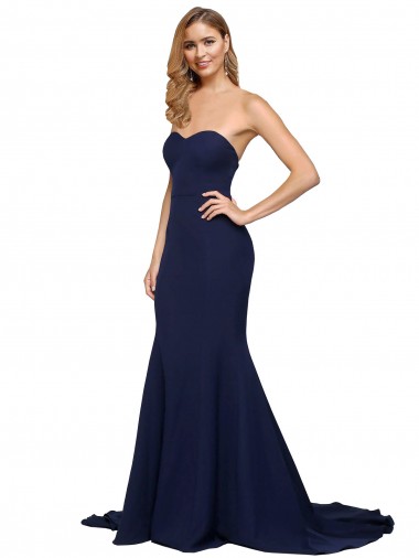 Compra Azul marina oscuro línea A Cuello de Corazón Barrer tren Crepé Elástico Largo Formales Vestidos de dama de honor / Vestidos de fiesta
