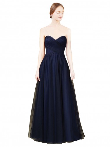 Compra Azul marina oscuro línea A Cuello de Corazón Sin tirantes Tul Largo Vestidos de dama de honor