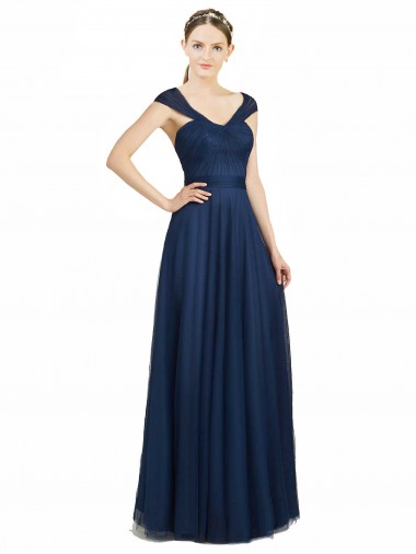 Compra Azul marina oscuro línea A Cuello en V Cuello de Corazón Tul Largo Vestidos de dama de honor