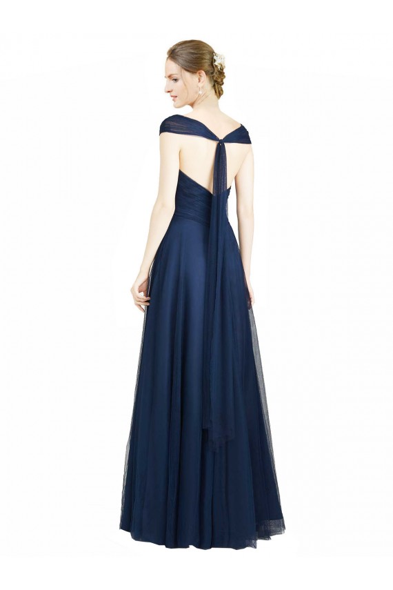 Compra Azul marina oscuro línea A Cuello en V Cuello de Corazón Tul Largo Vestidos de dama de honor
