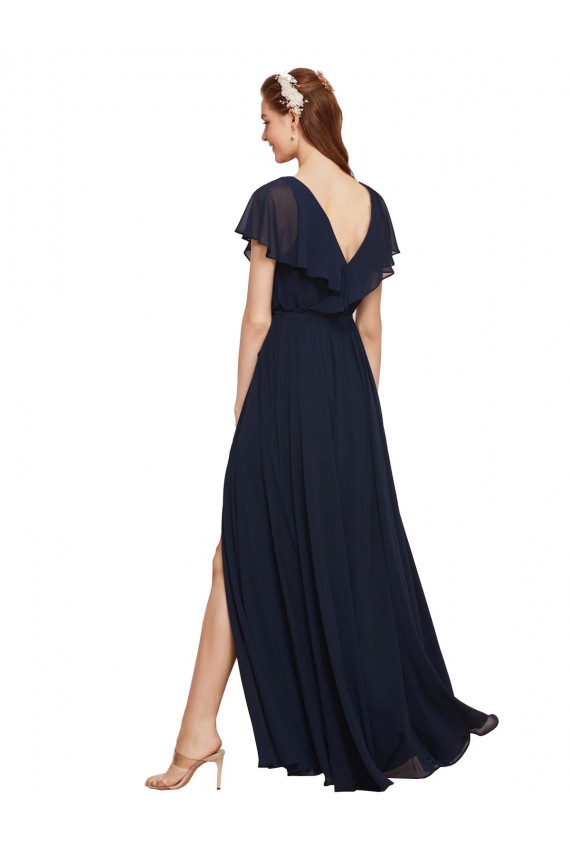 Compra Azul marina oscuro línea A Cuello en V Gasa Largo Vestidos de dama de honor