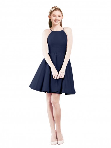Compra Azul marina oscuro línea A Halter Satén Corto Vestidos de dama de honor / Vestidos de cóctel