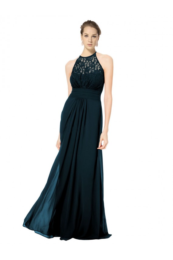Compra Azul marina oscuro línea A Halter Ilusión Gasa Encaje Largo Vestidos de dama de honor