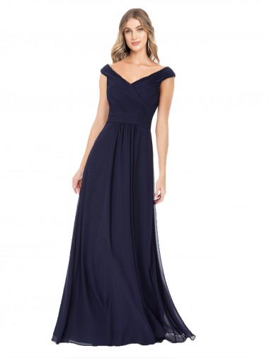 Compra Azul marina oscuro línea A Hombros Descubiertos Gasa Largo Vestidos de dama de honor