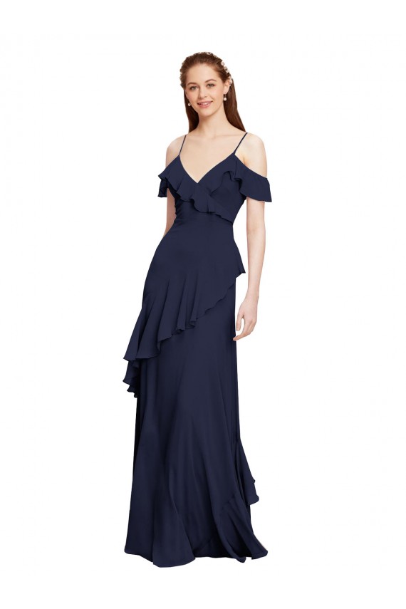 Compra Azul marina oscuro línea A Hombros Descubiertos Tirantes espagueti Gasa Largo Vestidos de dama de honor