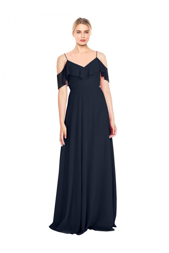 Compra Azul marina oscuro línea A Hombros Descubiertos Tirantes espagueti Gasa Largo Vestidos de dama de honor