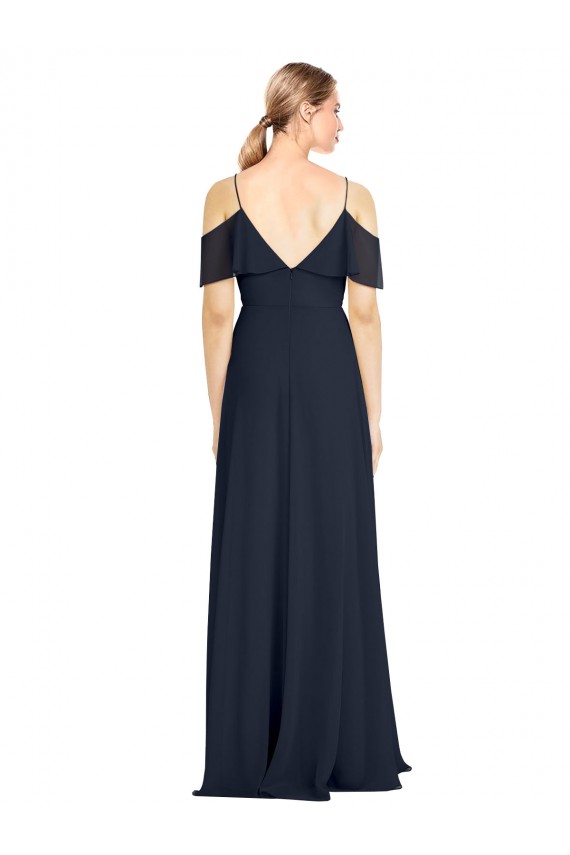 Compra Azul marina oscuro línea A Hombros Descubiertos Tirantes espagueti Gasa Largo Vestidos de dama de honor