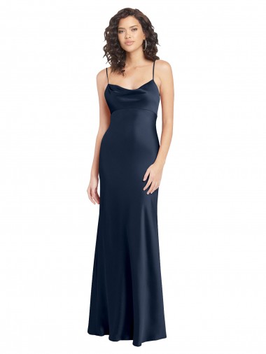 Compra Azul marina oscuro línea A Satén elástico Largo Formales Vestidos de dama de honor / Vestidos de fiesta