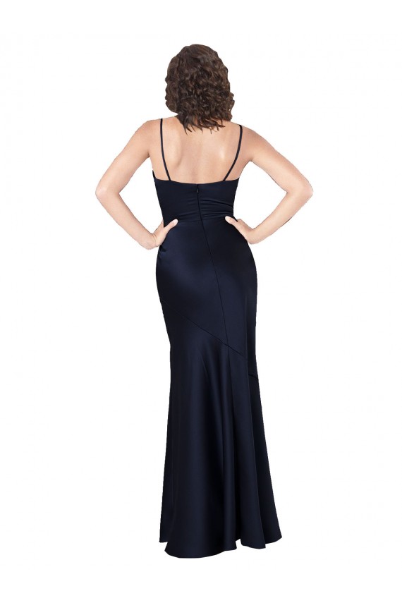 Compra Azul marina oscuro línea A Satén sedoso Largo Formales Vestidos de dama de honor / Vestidos de fiesta