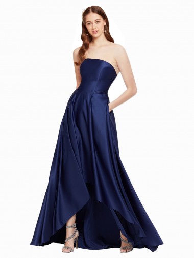 Compra Azul marina oscuro línea A Sin tirantes Satén Largo Asimétrico Formales Vestidos de dama de honor / Vestidos de fiesta