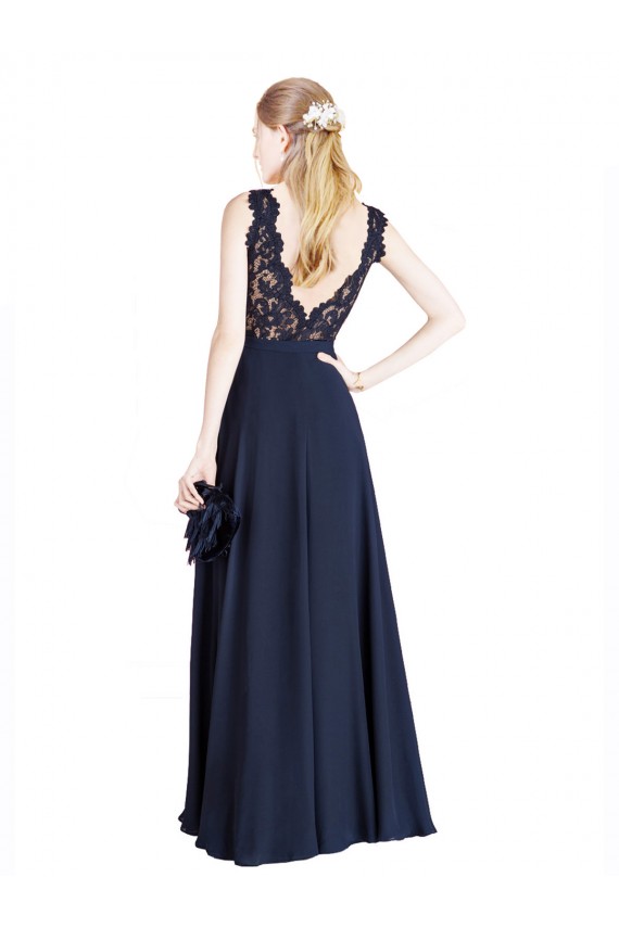 Compra Azul marina oscuro línea A Ilusión Gasa Encaje Largo Vestidos de dama de honor / Vestidos de fiesta
