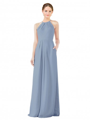 Compra Azul polvoriento Cubierta Halter Cuello Alto Gasa Largo Vestidos de dama de honor