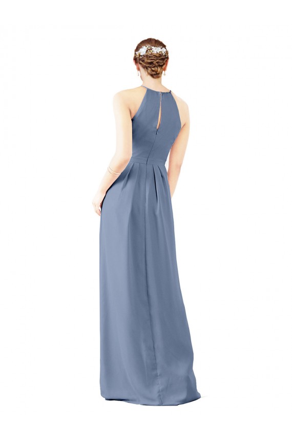 Compra Azul polvoriento Cubierta Halter Cuello Alto Gasa Largo Vestidos de dama de honor