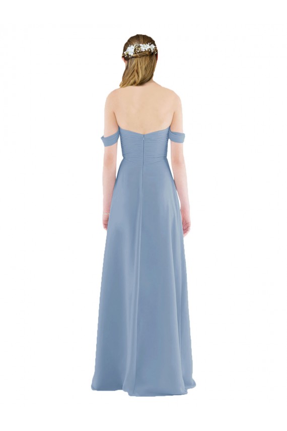 Compra Azul polvoriento Cubierta Hombros Descubiertos Gasa Largo Vestidos de dama de honor
