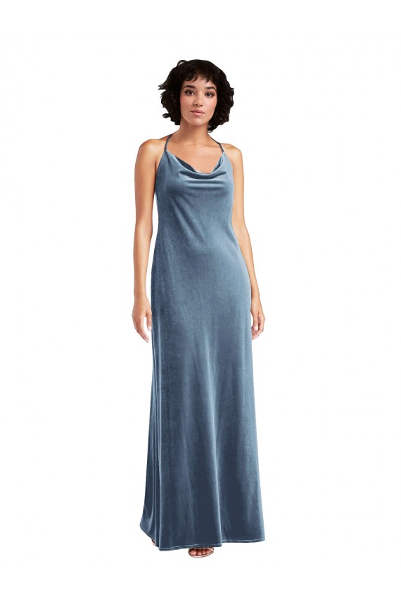 Compra Azul polvoriento Cubierta Terciopelo Elástico Largo Vestidos de dama de honor / Vestidos de fiesta
