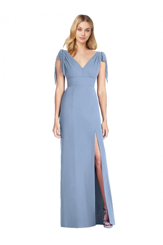 Compra Azul polvoriento Sirena Cuello en V Gasa Largo Vestidos de dama de honor