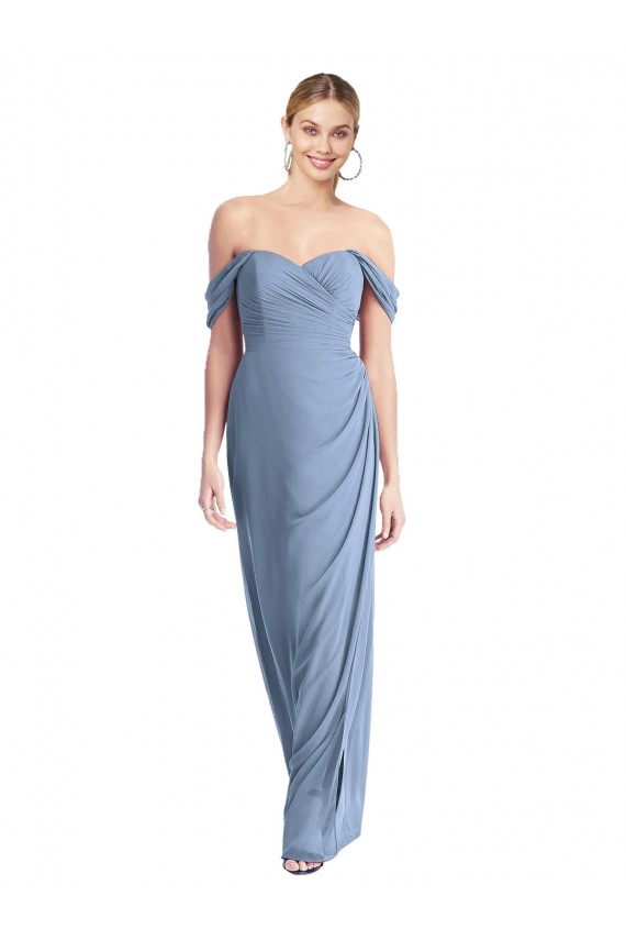 Compra Azul polvoriento Sirena Hombros Descubiertos Gasa Largo Vestidos de dama de honor