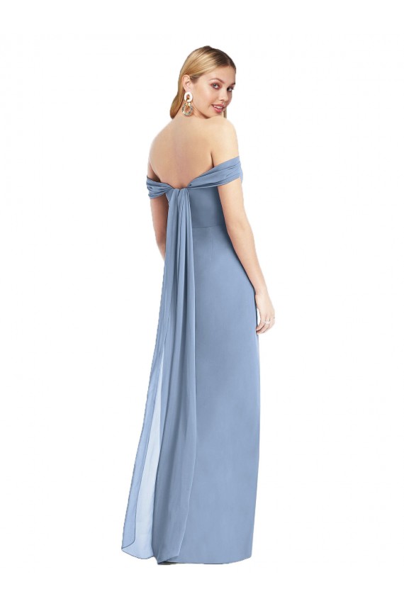 Compra Azul polvoriento Sirena Hombros Descubiertos Gasa Largo Vestidos de dama de honor