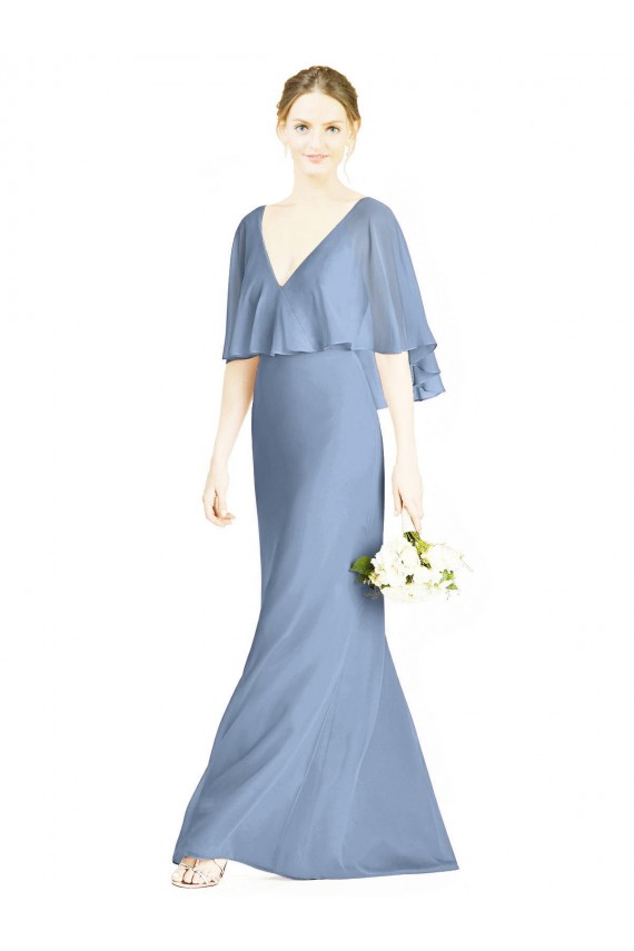Compra Azul polvoriento Trompeta Cuello en V Gasa Largo Vestidos de dama de honor