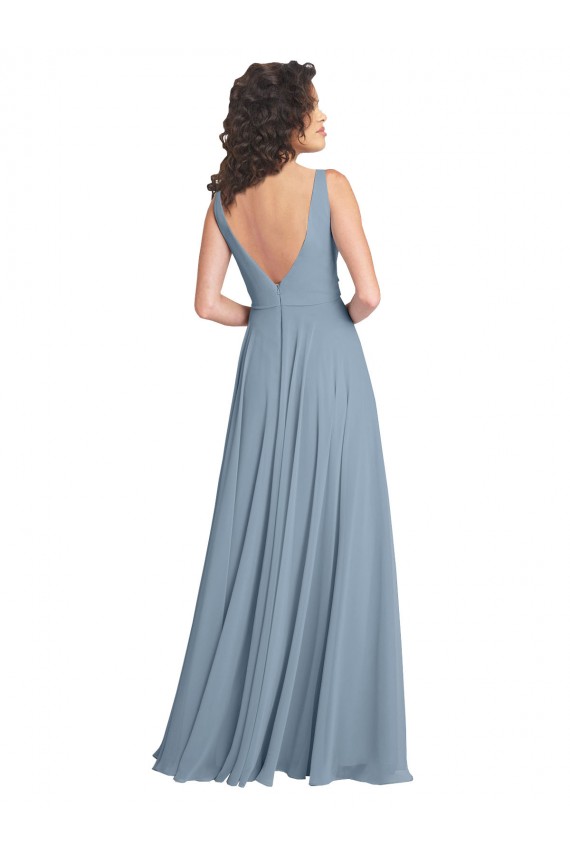 Compra Azul polvoriento línea A Cuello en V Gasa Largo Vestidos de dama de honor