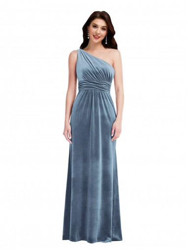 Compra Azul polvoriento línea A Hombros Descubiertos Terciopelo Elástico Largo Vestidos de dama de honor / Vestidos de fiesta