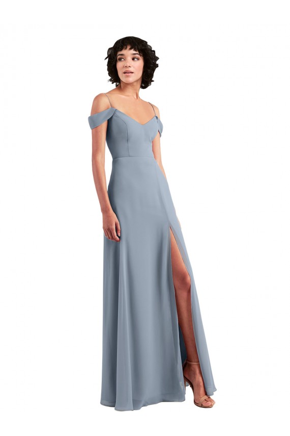 Compra Azul polvoriento línea A Hombros Descubiertos Tirantes espagueti Gasa Largo Vestidos de dama de honor